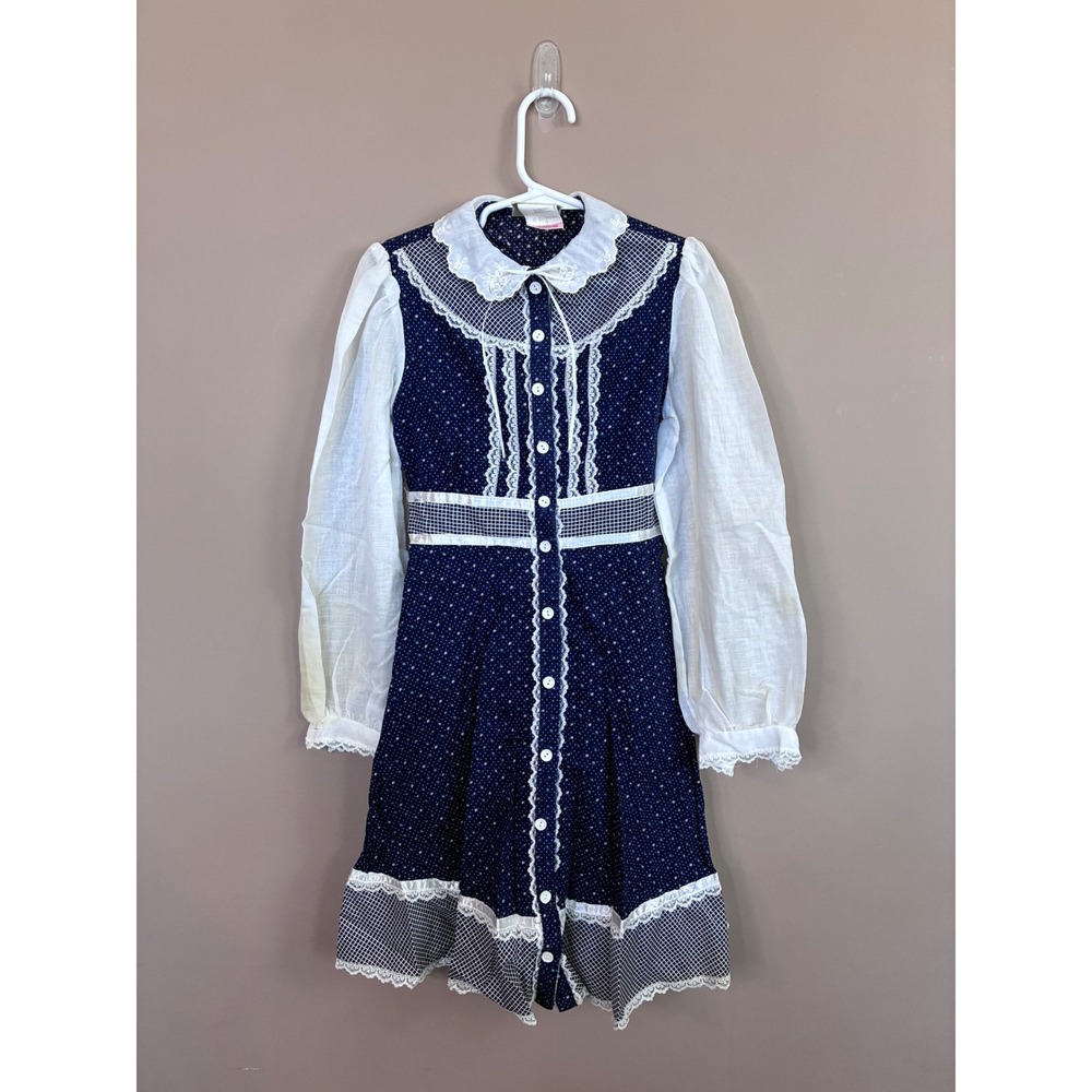 Vintage Gunne Sax Girls Navy Blue‎ Calico Lace Prairie Dress Size 7 70s 80s Boho